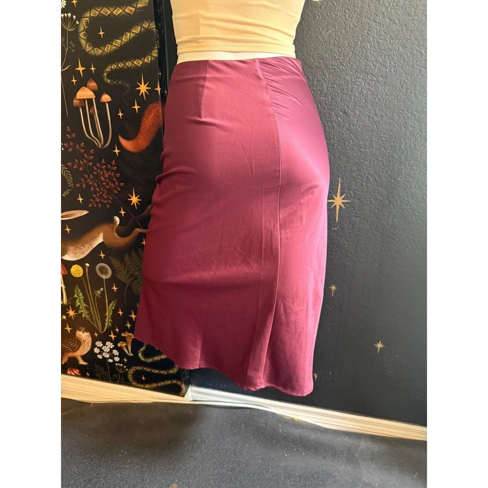 Forever 21 Burgundy Satin Button Front Midi Skirt Small High Waist Slit Plum